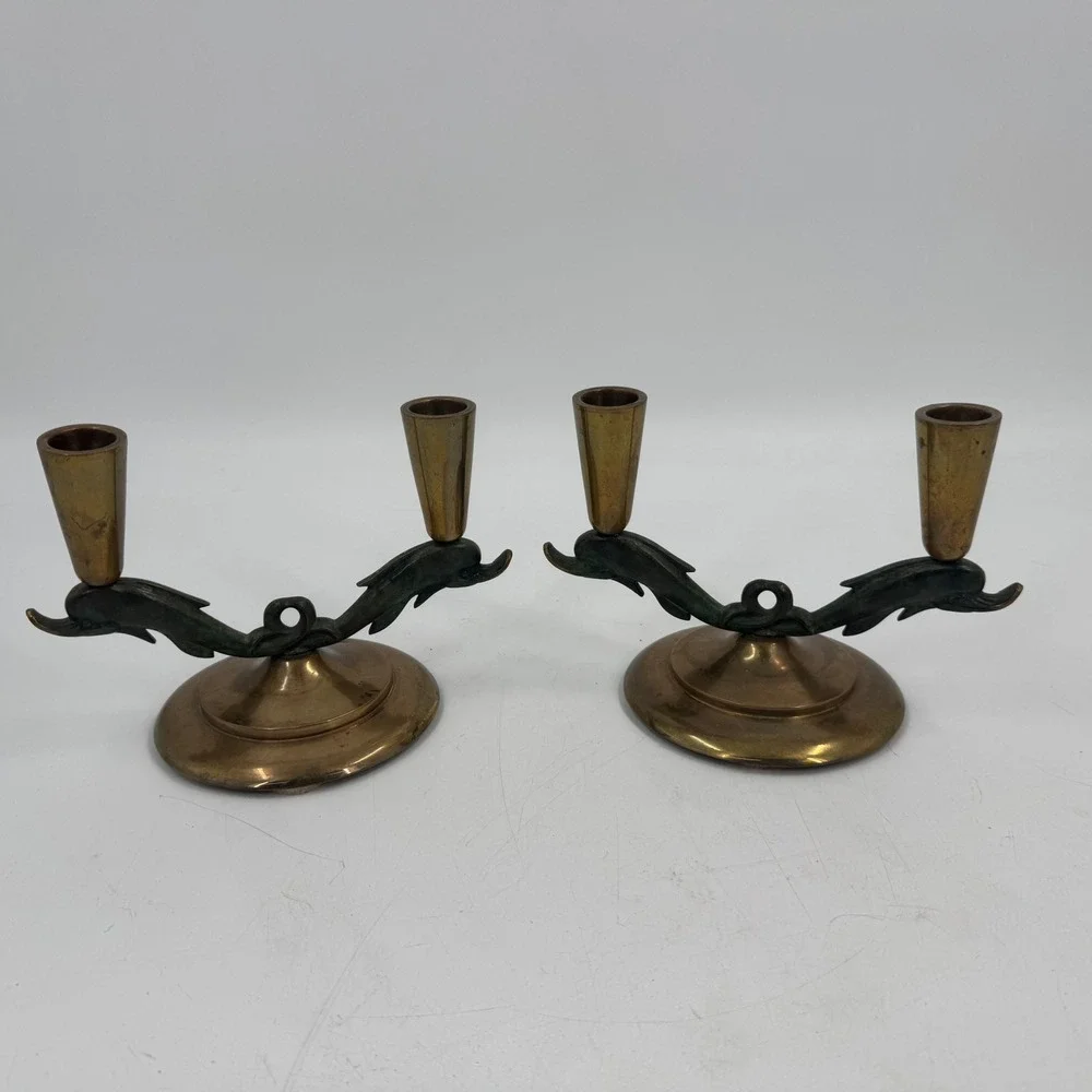 Vintage Bronze Dolphin Candlestick‎ Holders Pair Made in Denmark
